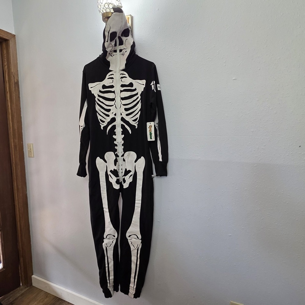 Tipsy Elves Skeleton Jumpsuit Small Black White Full Zip Hooded Costume